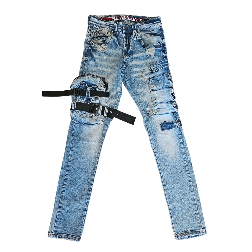 Smugglers Moon Mens Tactical Distressed Cargo Denim Jeans Acid Wash Blue W28 L31